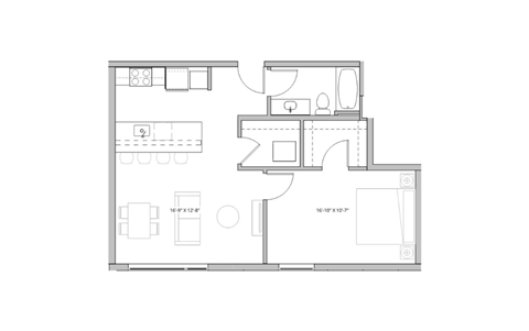 Floor plan for 1 bed, 1 bath, 760 sqft